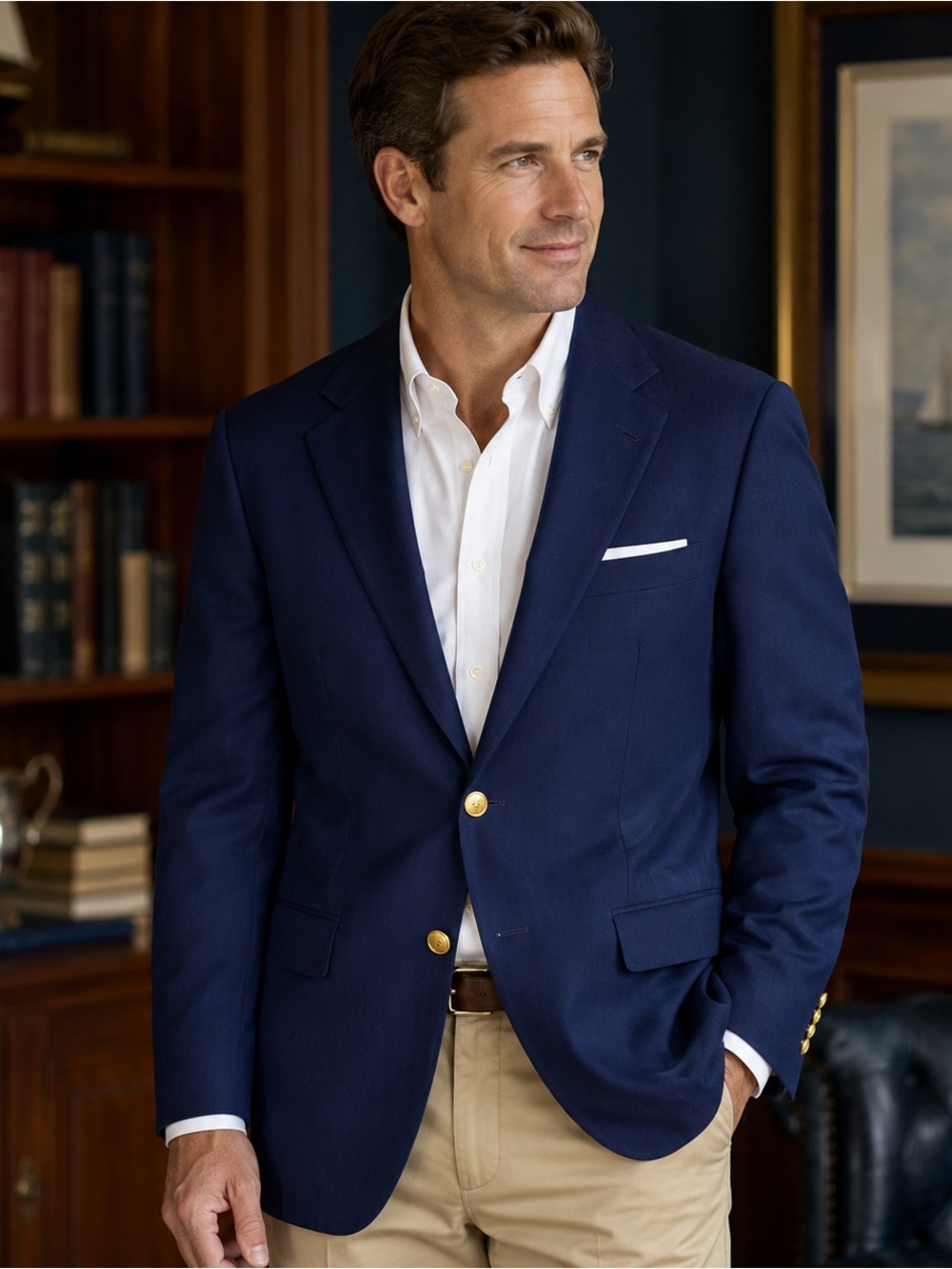 Men’s 40R Blue Wool Blend Blazer Gold Button Sport Coat Navy Preppy Classic
